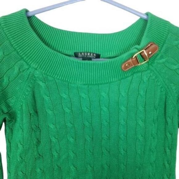 Lauren Ralph Lauren Sweater Women S Green Preppy Cable Knit Old Money Y2K Buckle - Picture 2 of 7